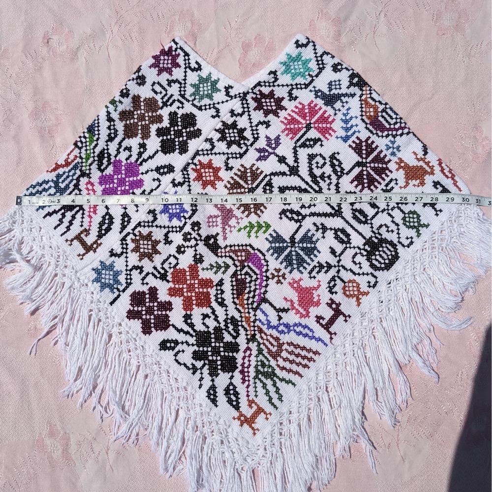 Mexican Hand Embroidered Poncho Artisanal Cross-Stitch Floral Peacock Boho Cape - Picture 5 of 13